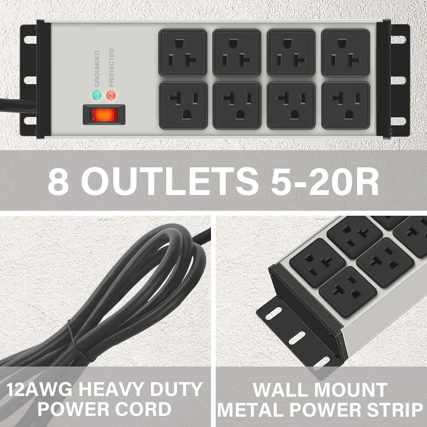 CCCEI 12 Gauge Heavy Duty Power Strip, 8 Ports, Grey, 6FT.