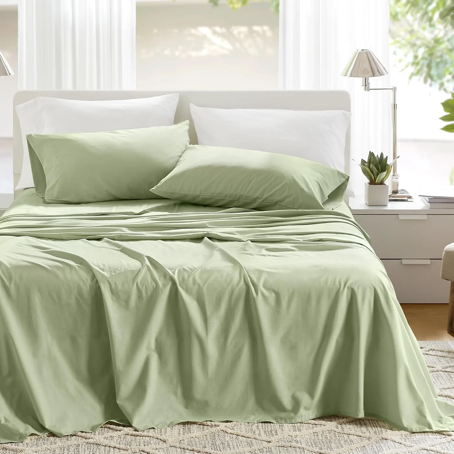 Comfort Spaces 100% Cotton Percale Sheets Queen Sheet Set 4 Pcs, Sage Green