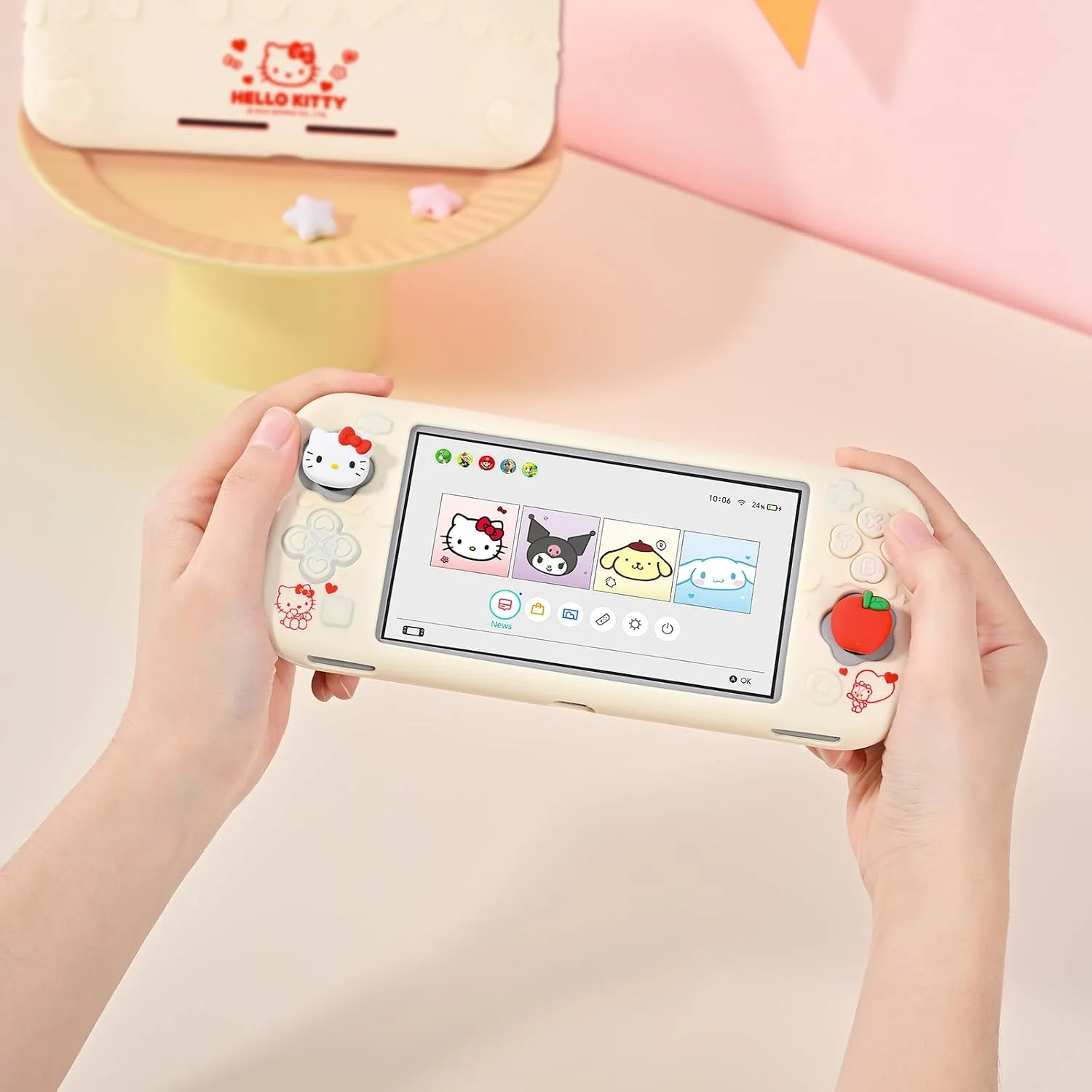 Kuitmor Switch Lite Protective Case,Soft Silicone Protective Shell,Anti-Scratch Protective Cover Case for Switch Lite with 2 Thumb Grip Caps（Beige Hello Kitty）
