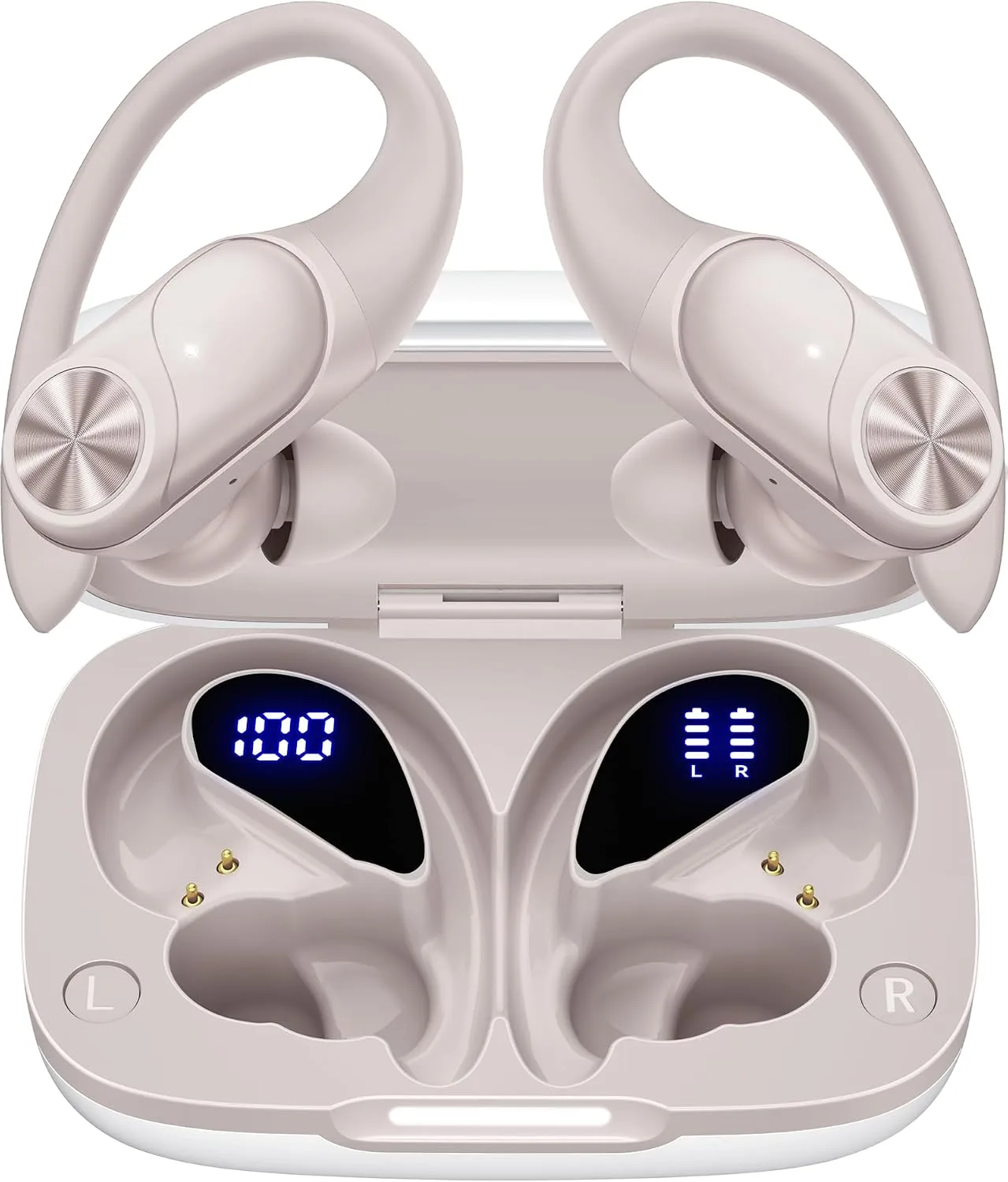 PocBuds Bluetooth Headphones Wireless Earbuds 80hrs Playtime Wireless Charging Case Digital Display Sport Ear Buds with Earhook Deep Bass IPX7 Waterproof Over-Ear Earphones for Phone Laptop Beige