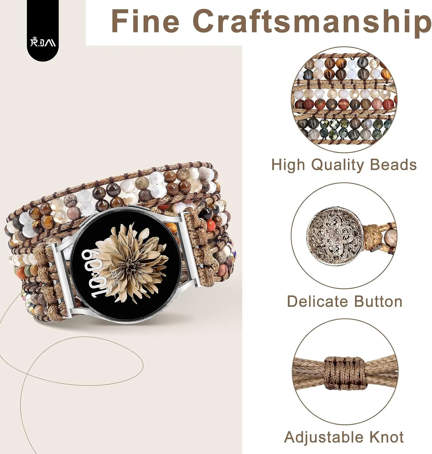 JR.DM Boho Beaded Handmade Braided Bracelet Band Women 20mm Compatible with Samsung Galaxy Watch 7/6/5/4/Active 2/4 Classic/6 Classic/5 Pro/FE 40mm 42mm 43mm 44mm 45mm 46mm 47mm