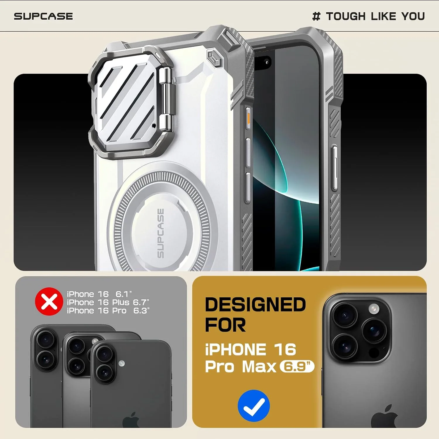 SUPCASE for iPhone 16 Pro Max Case (6.9 inch) with Camera Cover Stand,White