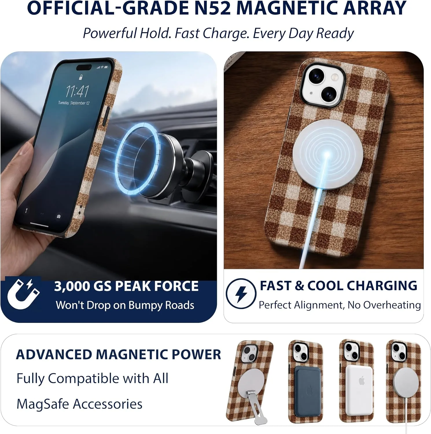Magnetic for iPhone 15 Plus Chic Fall Brown Gingham Phone Case