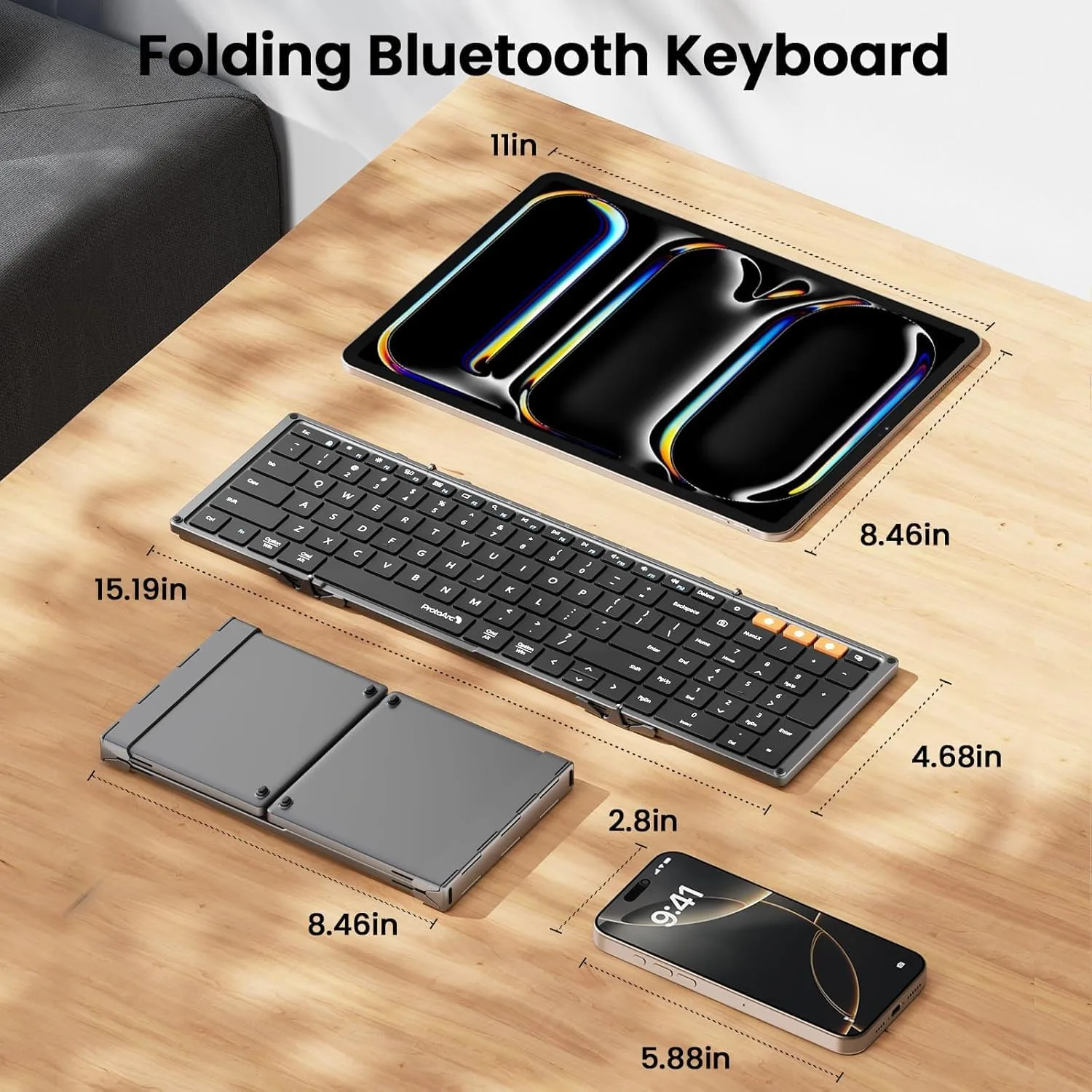 ProtoArc XK01 Full-Size Foldable Bluetooth Keyboard for Travel, Space Gray