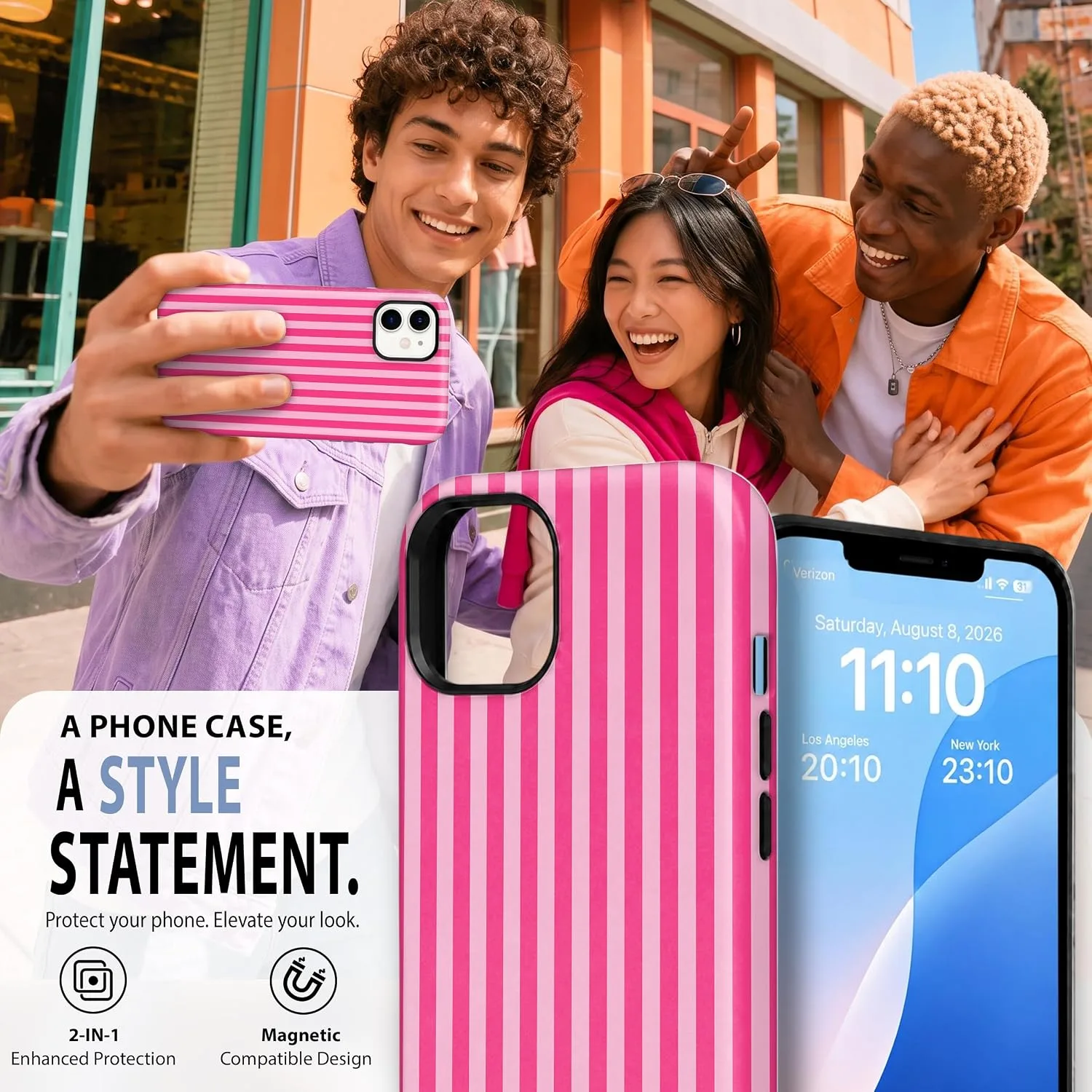 Magnetic for iPhone 11 Phone Case, Cute Aesthetic Hot Pink Striped