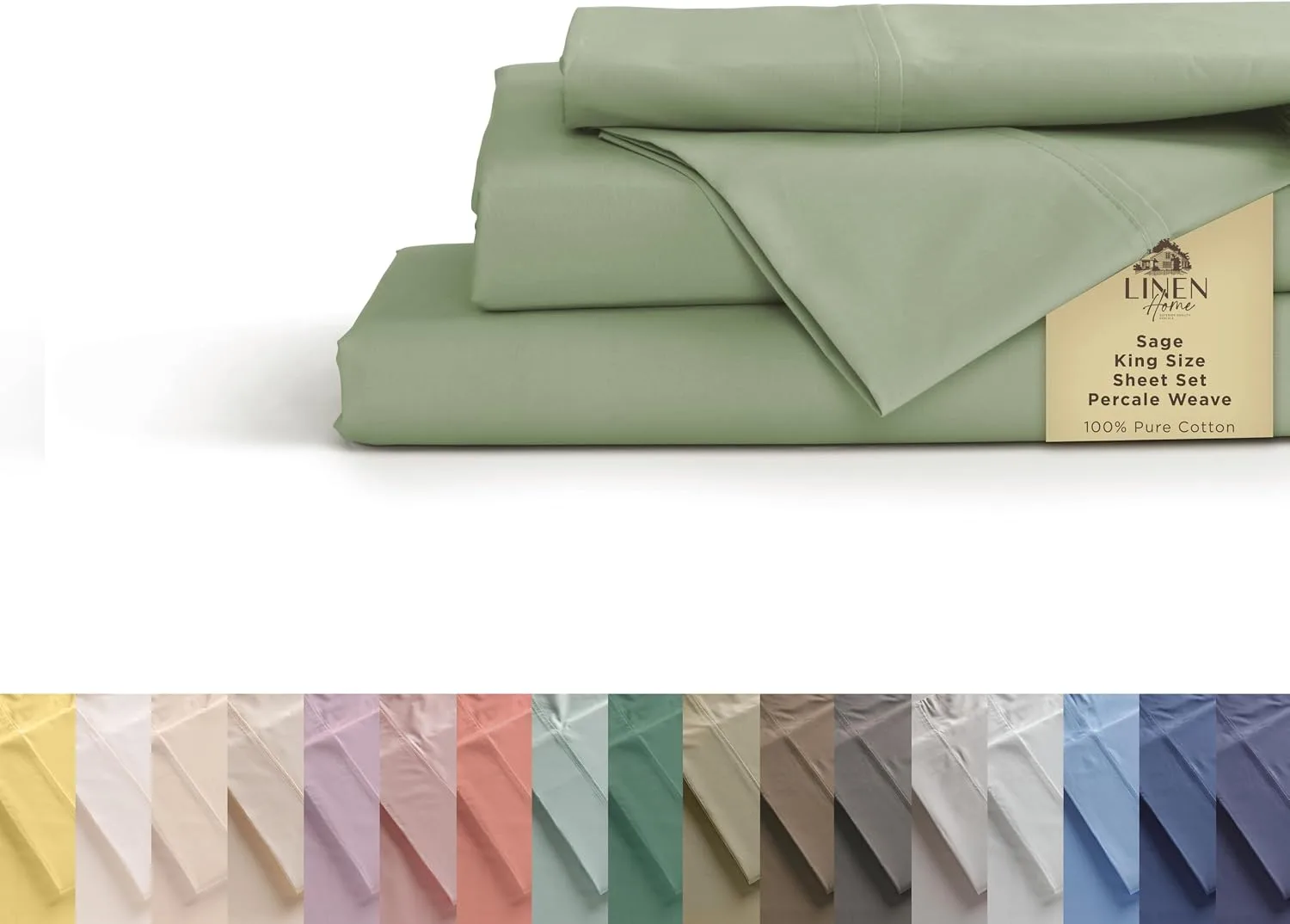 Linen Home King Sheets 100% Cotton Percale, 4 Pc Cooling Set - Sage