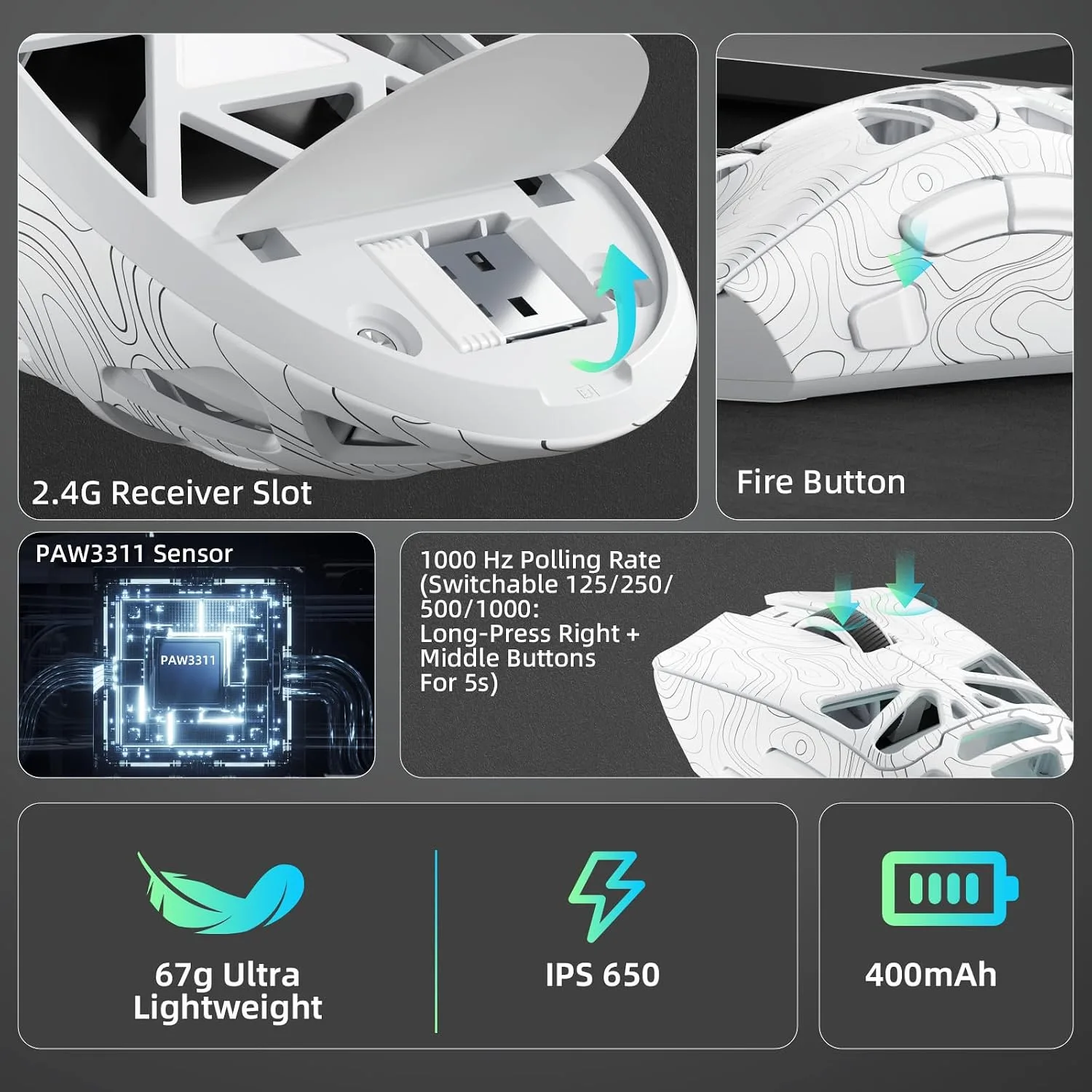 Aula SC620 Wireless Gaming Mouse, Tri-Mode 2.4GHz/USB-C/BT5.3 Computer Mouse with 12000 DPI, Programmable Macro Gamer Mouse with Rapid Fire Key, RGB Light Gaming Mice for PC/Laptop/Mac (Line White)
