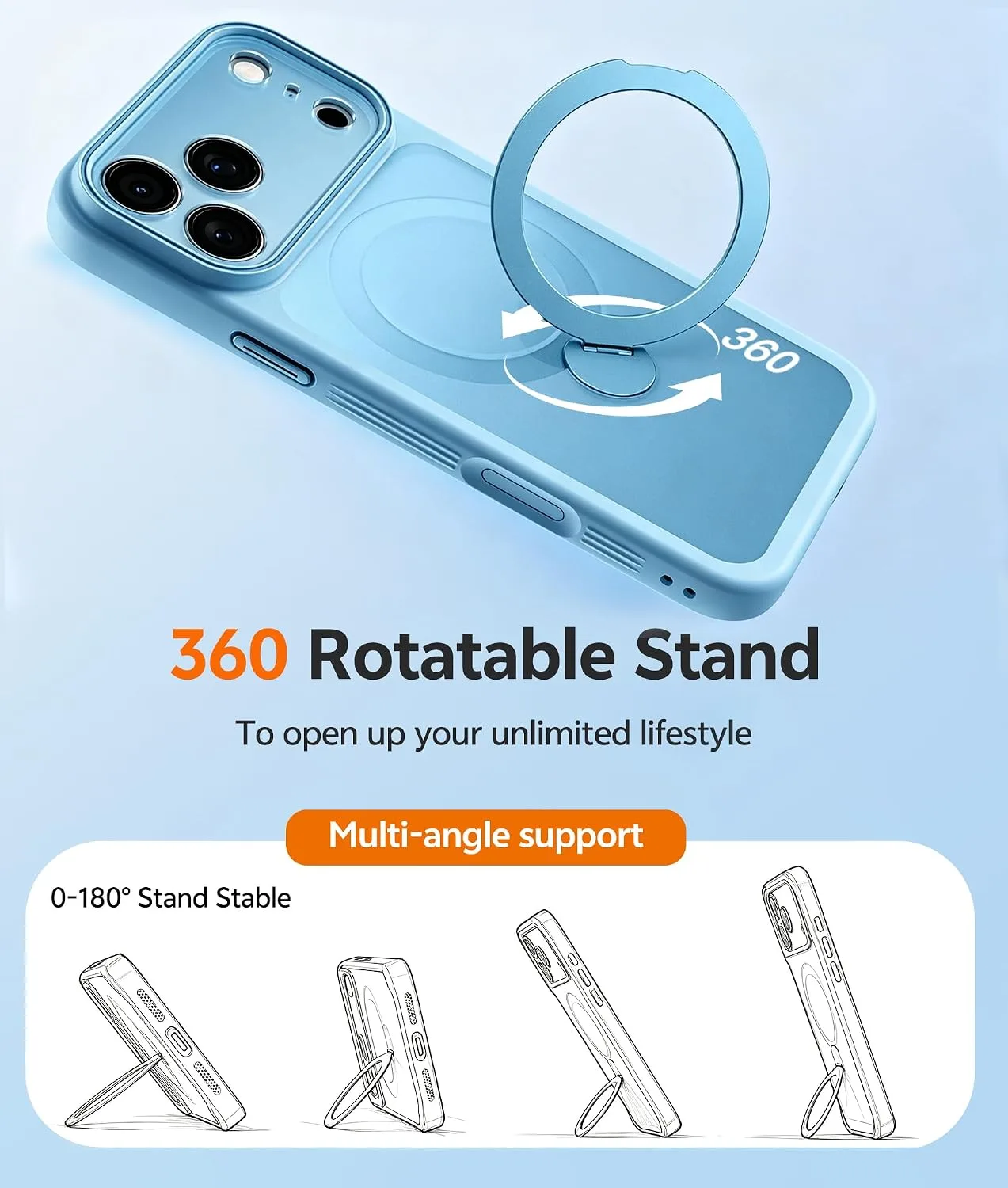 for iPhone 17 Pro Case with 360 Spin Stand, Light Blue