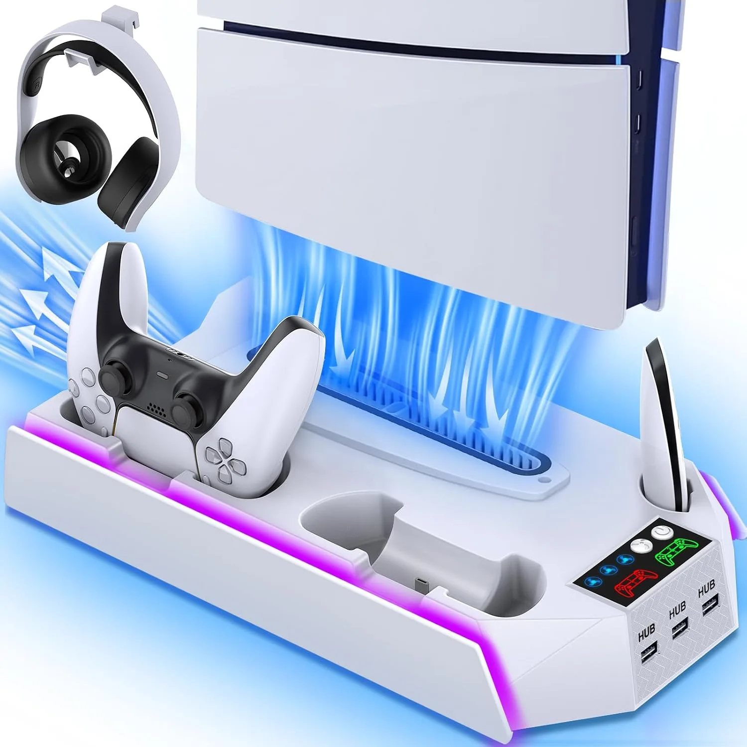 Slim Cooling Station Stand LED with Dual Controller Charging Station for PlayStation 5 Console, PS 5 Accessories Incl. Controller Charger, Cooling Fan, Headset Holder, 3 USB Hub- LED White