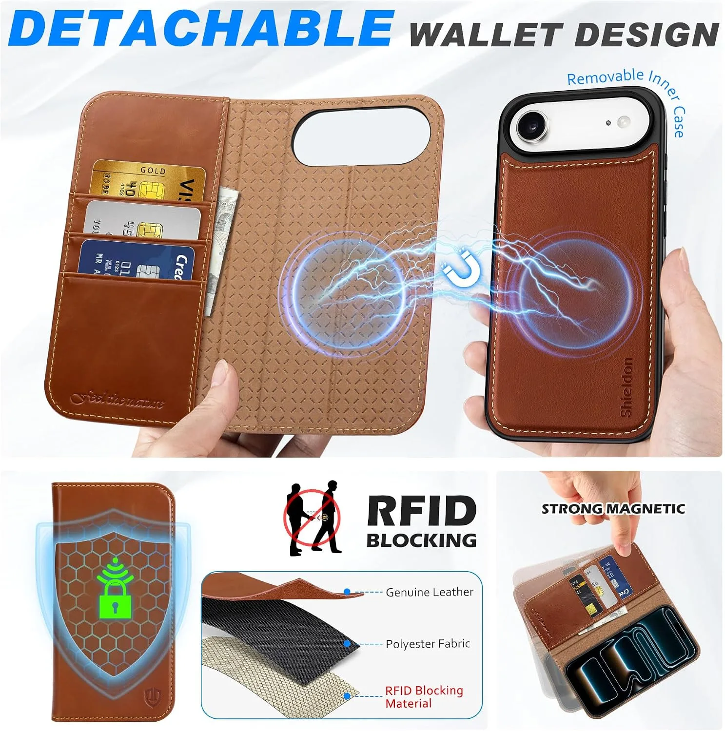 SHIELDON 2 in 1 Genuine Leather Wallet Case for iPhone Air, Retro Brown