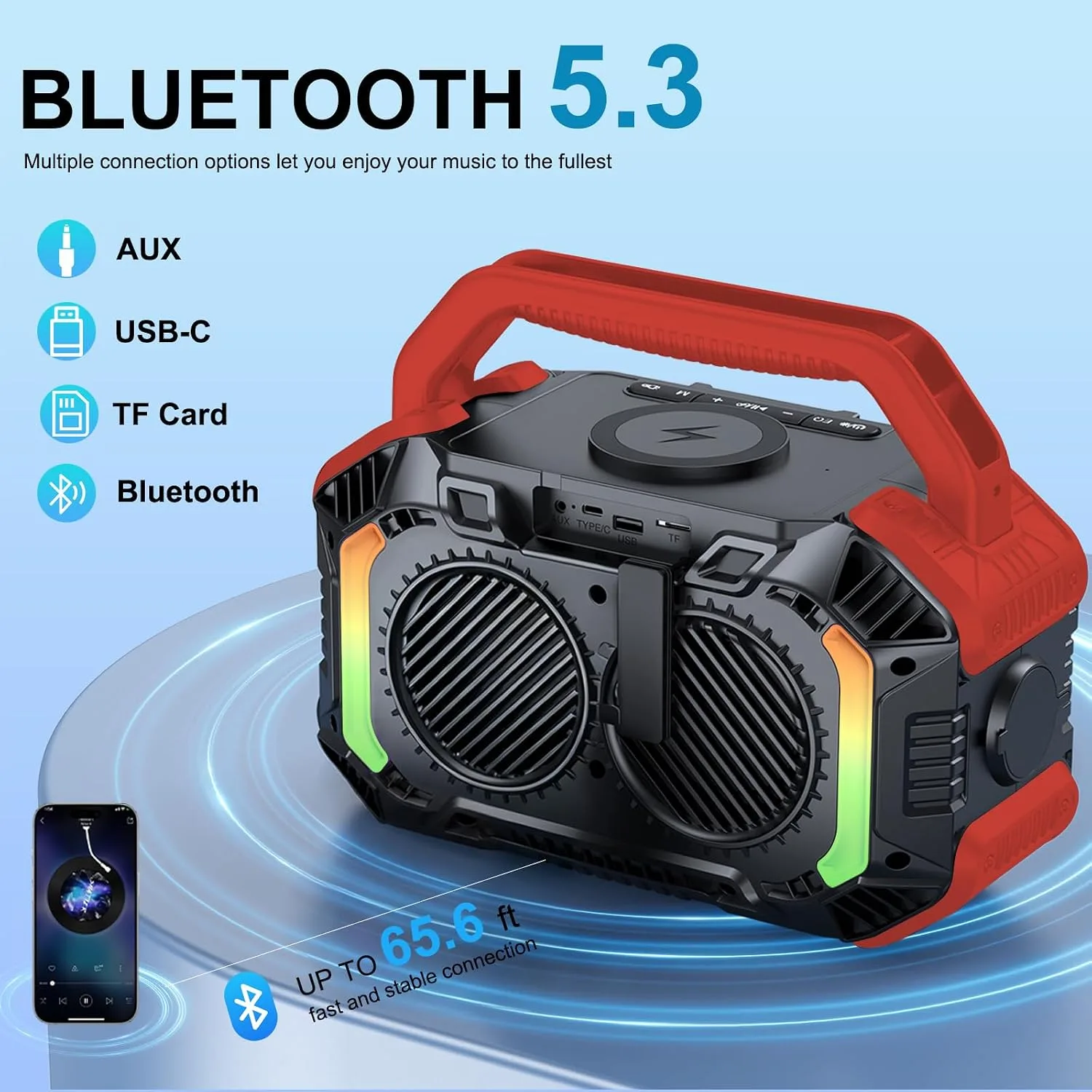 Speakers Bluetooth Wireless, 100W Portable Bluetooth Speaker with Bass, IPX7 Waterproof & Floatable, 20H Playtime, RGB Light, Loud Speakers with TWS for Work, Outdoor, Garage (L-Red)