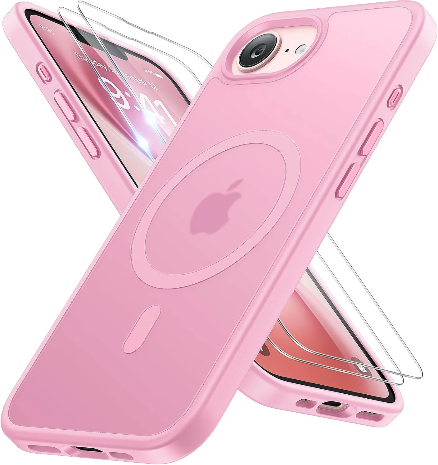miracase for iPhone 16e case & iPhone 17e Case for MagSafe [with 2×9H+ Screen Protectors] TOP Military-Grade Protection Shockproof with Velvet Touch for iPhone 16e/17e Phone Case 6.1", Matte Pink