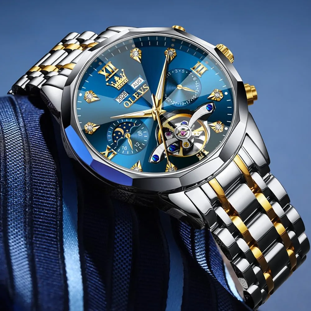 OLEVS Skeleton Men Watches Automatic Business Luxury Diamond Self Winding Watch for Men Stainless Steel Calendar Wrist Watch