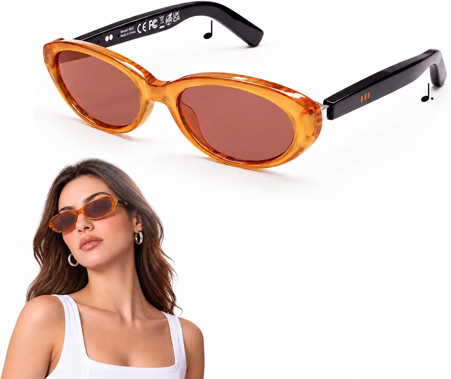 Bluetooth Audio Smart Glasses for Women Men, Polarized Bluetooth Sunglasses with Open Ear Speaker, Voice Control, Magnetic Charging, Brown