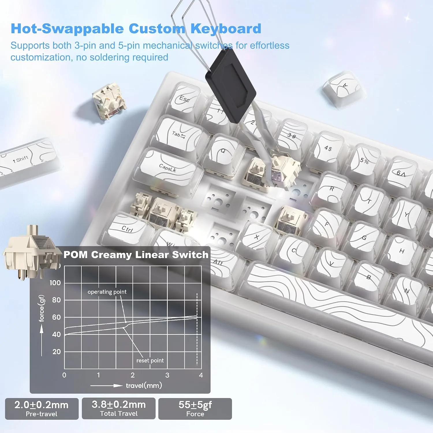 Womier 60% Keyboard Gaming, Wireless Mechanical Creamy Keyboard QMK/VIA