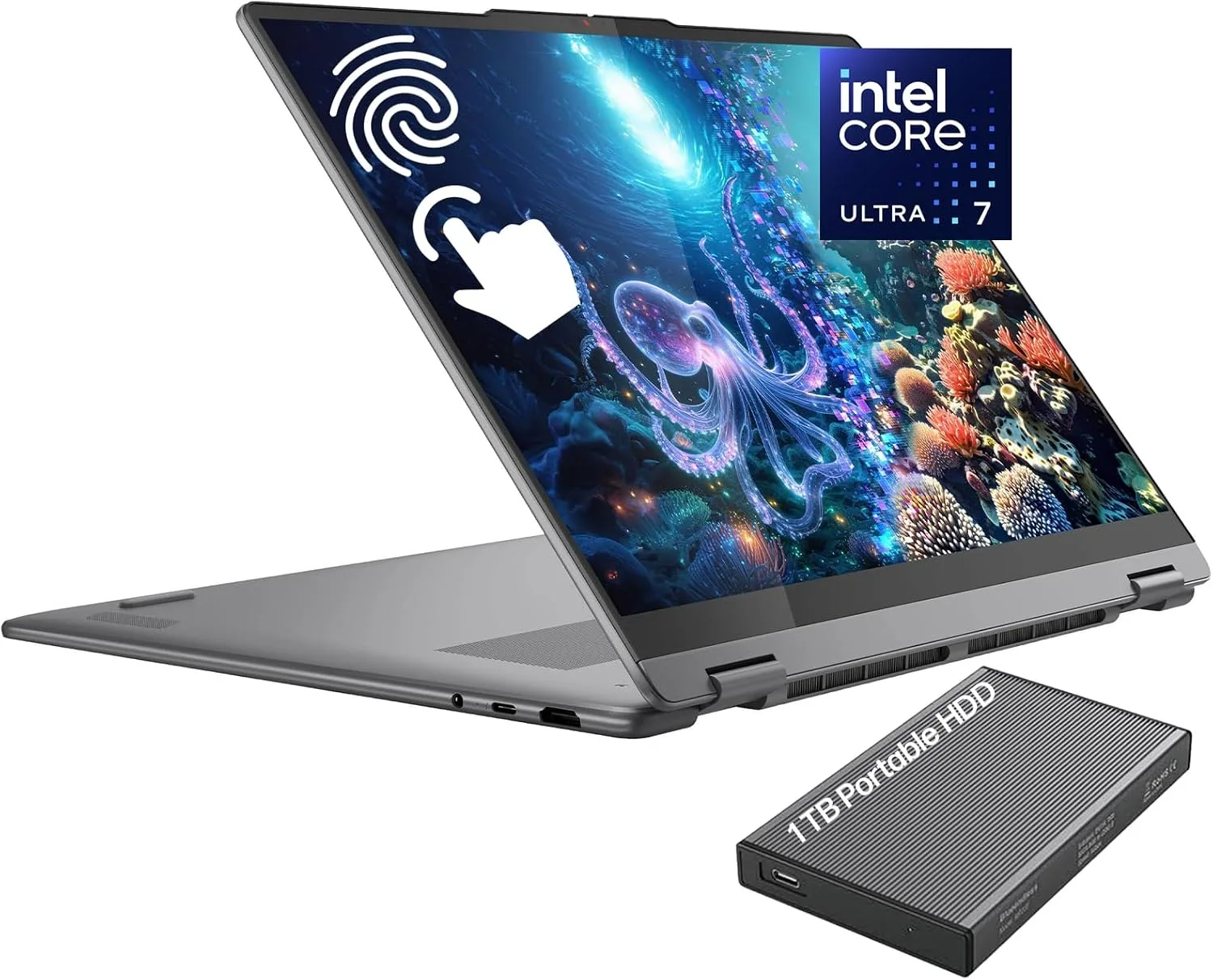 Lenovo Yoga 7i 2-in-1 Laptop, 14" 2K OLED Touch Display, Core Ultra 5 322, Intel Graphics, 16GB LPDDR5x 1TB SSD, Wi-Fi7, Backlit KB, FP Reader, TB 4, Webcam, Win11, Luna Grey, USB Hub, W/GaLiMu