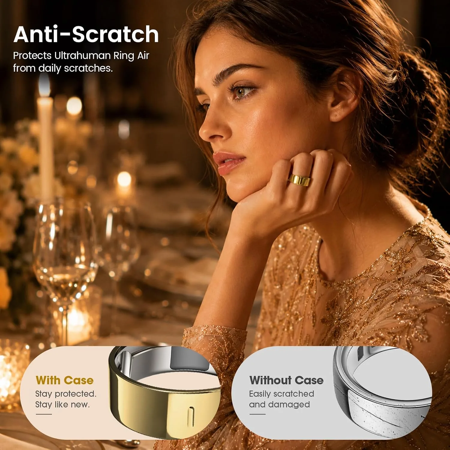 3 Pack Ring Cover Compatible with Ultrahuman Ring Air, Ultra-Thin Anti-Scratch TPU Ring Protector, Charge Without Removing, Bronze Gold+Champagne Gold+Gold, Size 8