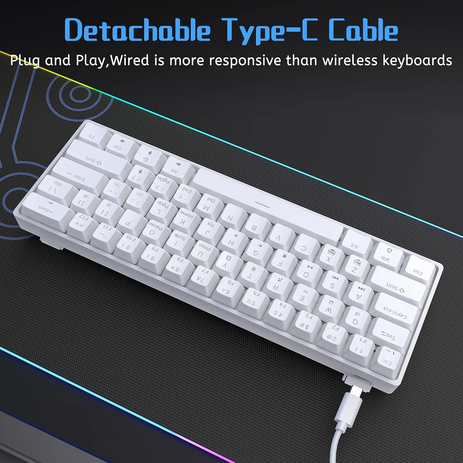 DIERYA 60% Mechanical Keyboard, DK61se Wired Gaming Keyboard with Blue Switches, LED Backlit Ultra-Compact 61 Keys Mini Office Keyboard for Windows Laptop PC Gamer Typist（White）