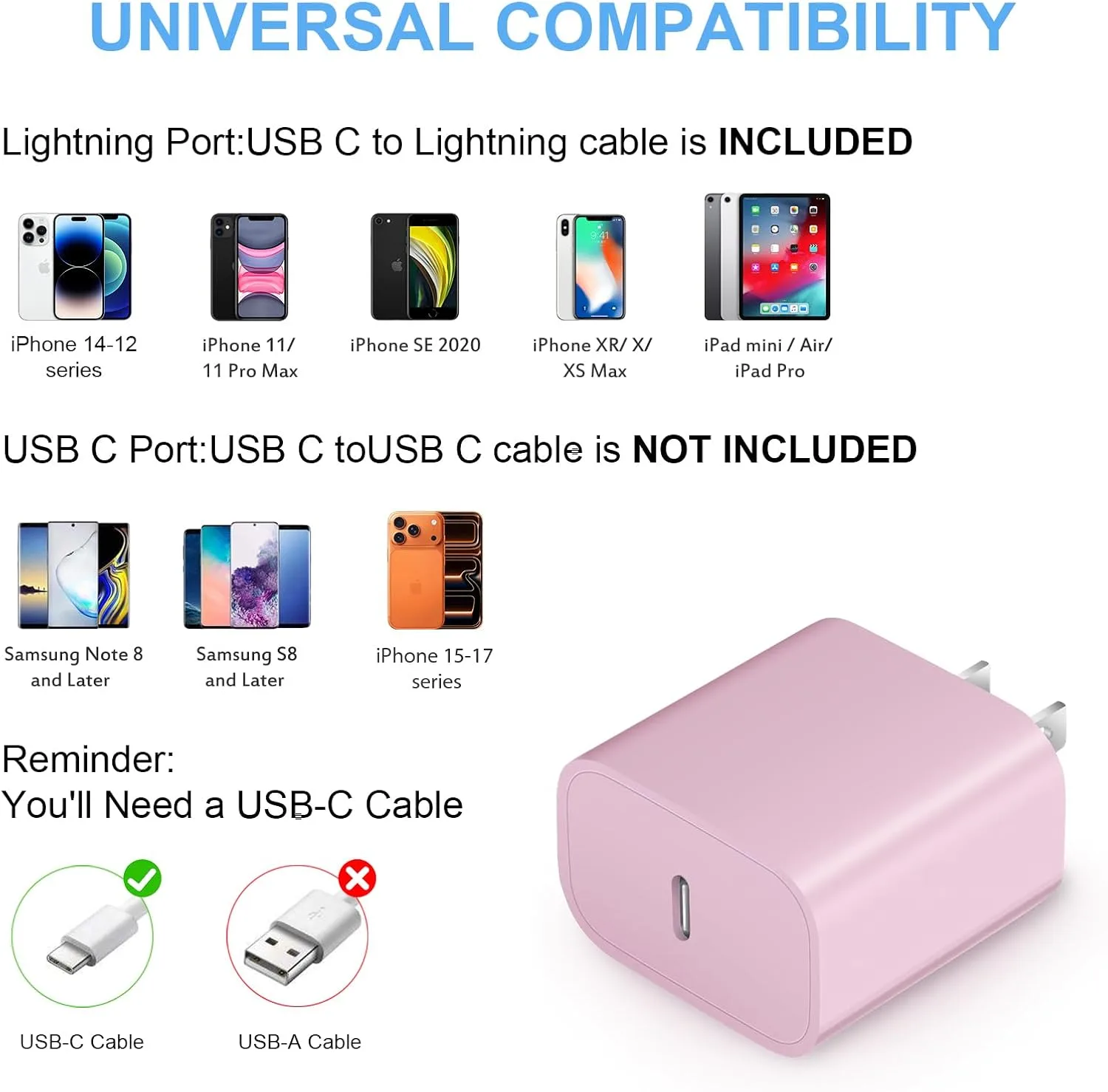 iPhone Fast Charger 3+3Pack 20W USB C Wall Charger with Extra Long 10FT Fast Charging Cable Compatible with iPhone 14/13/12/11/Pro/Pro Max-Pink