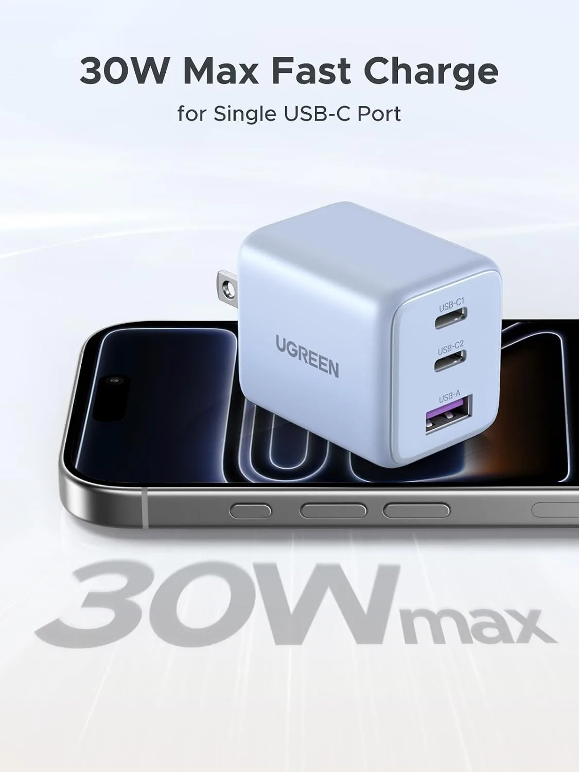 UGREEN 3-Port 30W USB C Charger Block, GaN II Type C Fast Charging, Blue