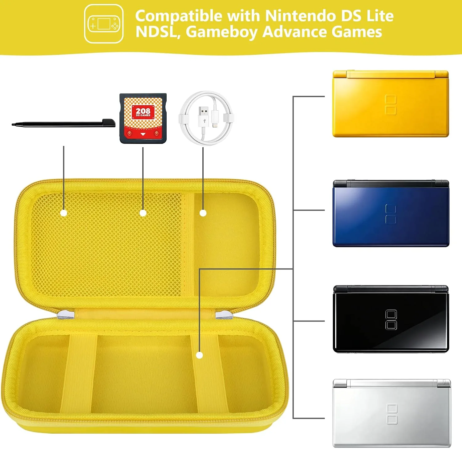 Supmay Hard Carrying Case Compatible with Nintendo DS Lite NDSL, Gameboy Advance Games Storage Holder Travel Bag with Mesh Pocket for USB Charging Cable, Stylus, Earphones, Game Cartridge, Yellow