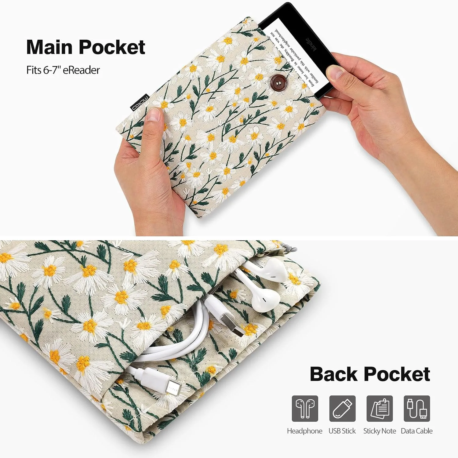 MoKo 6-7 Inch Embroidered Daisy Padded E-Reader Sleeve Zippered Bag with Back Pouch for Most 6/6.8/7 inch E-Reader, 6" Nook Glowligt 4, 6" Kobo Clara BW/Clara Colour, Beige