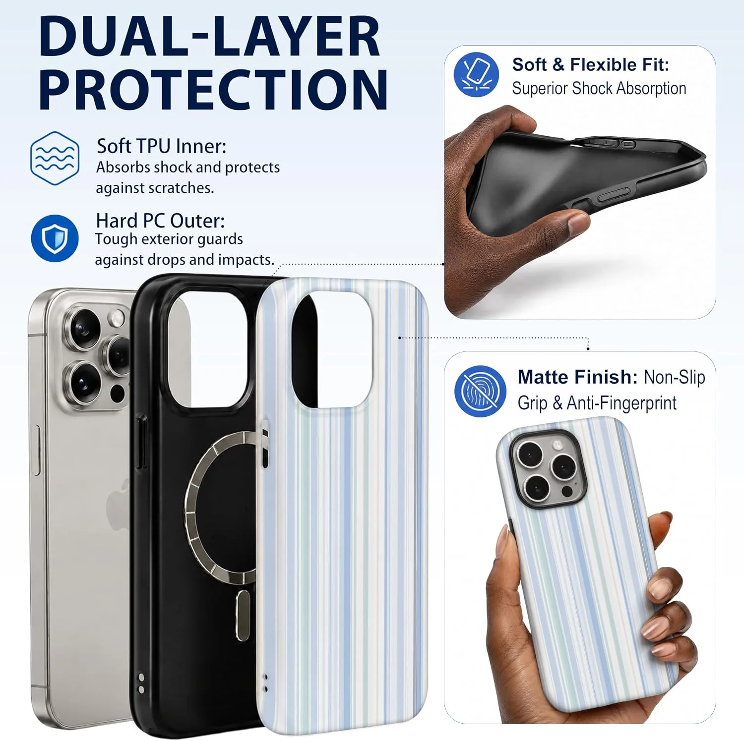 Magnetic for iPhone 15 Pro Max Phone Case, Pastel Blue Striped