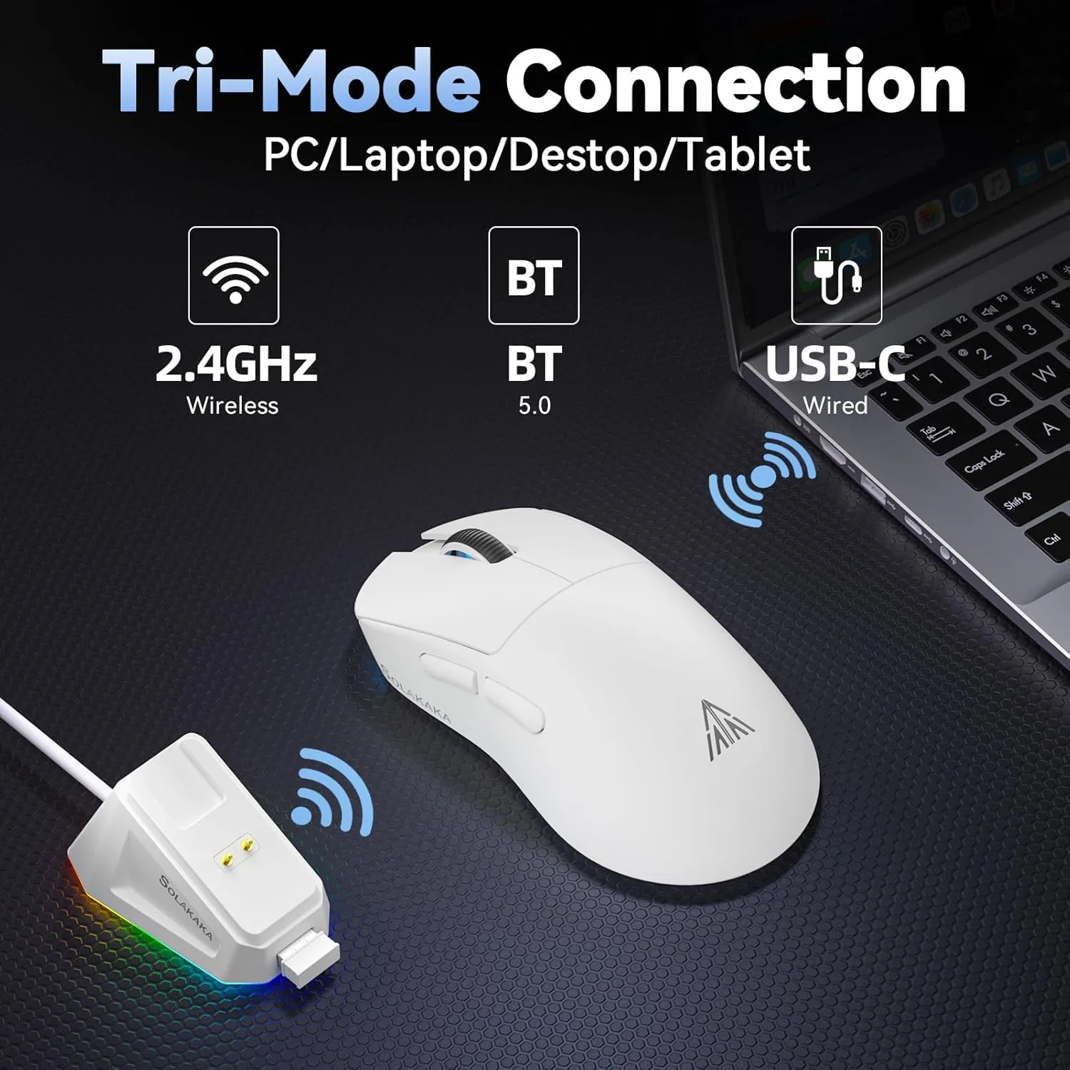 SOLAKAKA SM822 Wireless Gaming Mouse with Charging Dock, Tri-Mode Wireless Mouse, PAW3311 Optical Sensor, Up to 24,000DPI, 62g Lightweight Mouse with 5 programmable Buttons, for PC, Laptop (White)