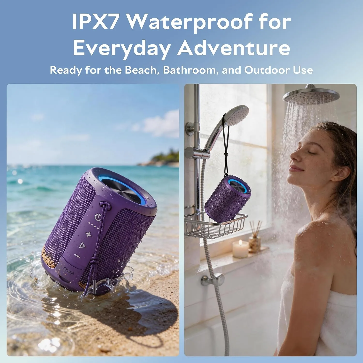 Portable Bluetooth Speaker, IPX7 Waterproof Wireless Speaker with 20W Loud Stereo Sound, 15H Playtime & Beat-Synced RGB Light, Small Outdoor Speaker for Shower,Pool,Beach,Hiking,Gifts(Purple)