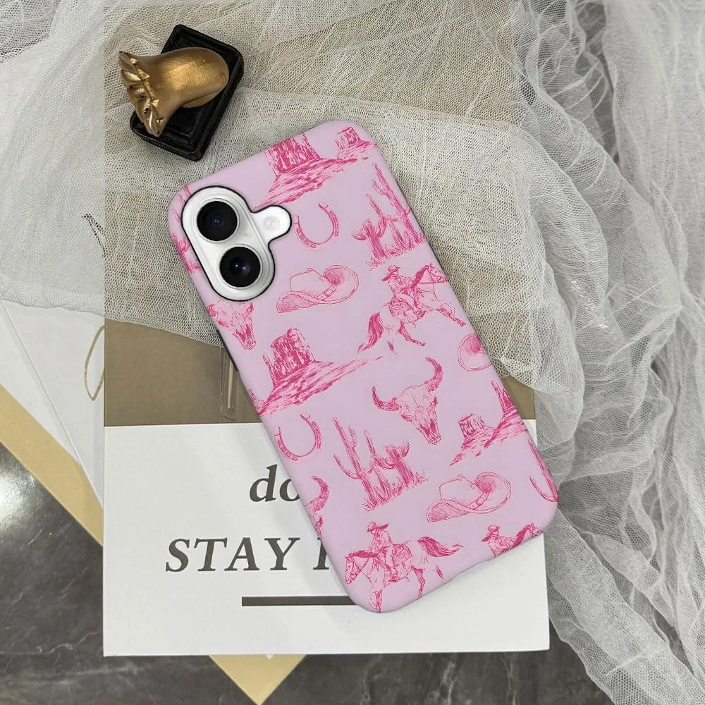 Case Compatible with iPhone 17,Fall Prevention Hybrid 2-Layer Hard Shell Phone Cover for Girls Boys,Pink Hat Horse Western Cowboy