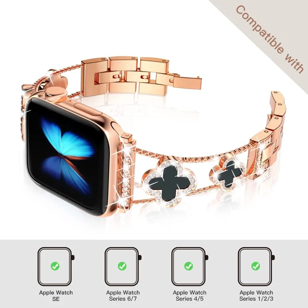 Musk-MSKR Diamond Metal Bands Add Sparkle to Your Watch For Apple Watch Series 12/11/10/9/8/7/6/5/4/3/2/SE/Ultra Clover Simple and Stylish Compatible with 38mm40mm41mm42mm44mm45mm 46mm49mm Women's Wear