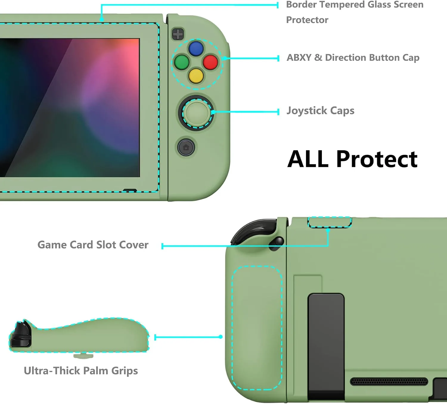 PlayVital ZealProtect Soft Protective Case for Nintendo Switch, Flexible Joycon Cover Slim Cover for Nintendo Switch with Screen Protector & Thumb Grip Caps & ABXY Direction Button Caps - Matcha Green