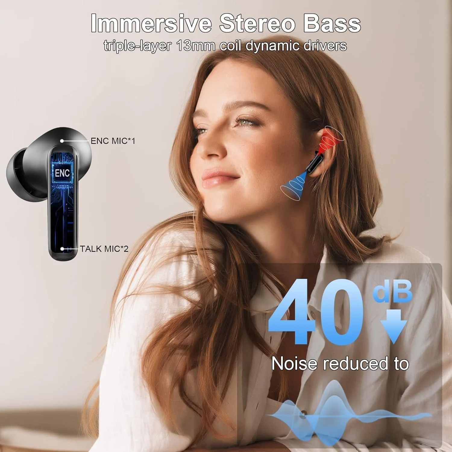 Jxrev Wireless Bluetooth 5.4 Earbuds, 6D Stereo Ear Buds, LED Power Display