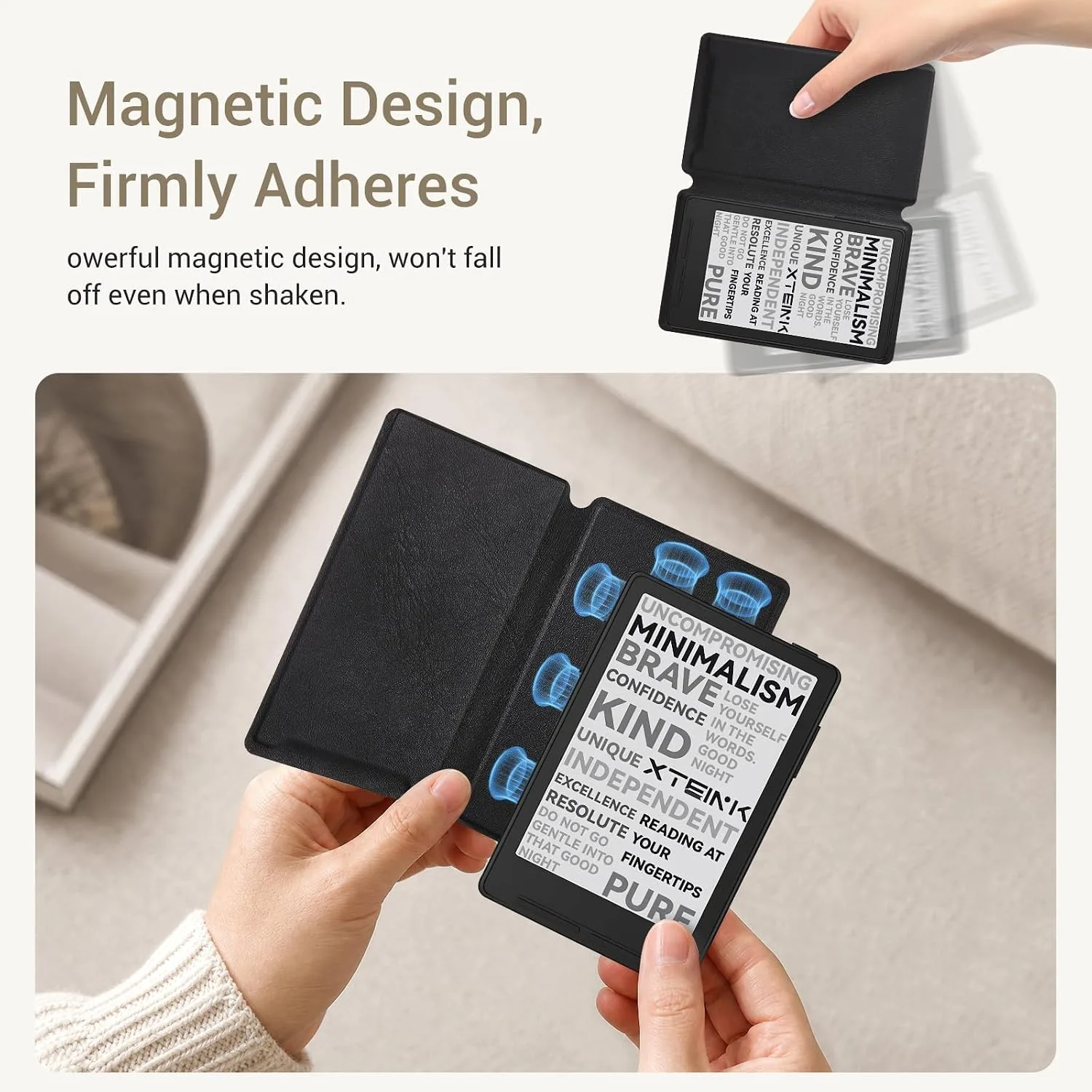 CoBak Magnetic Case for XTEINK X3 eBook Reader, 3.7" Ultra-Lightweight PU Leather Cover(Black)