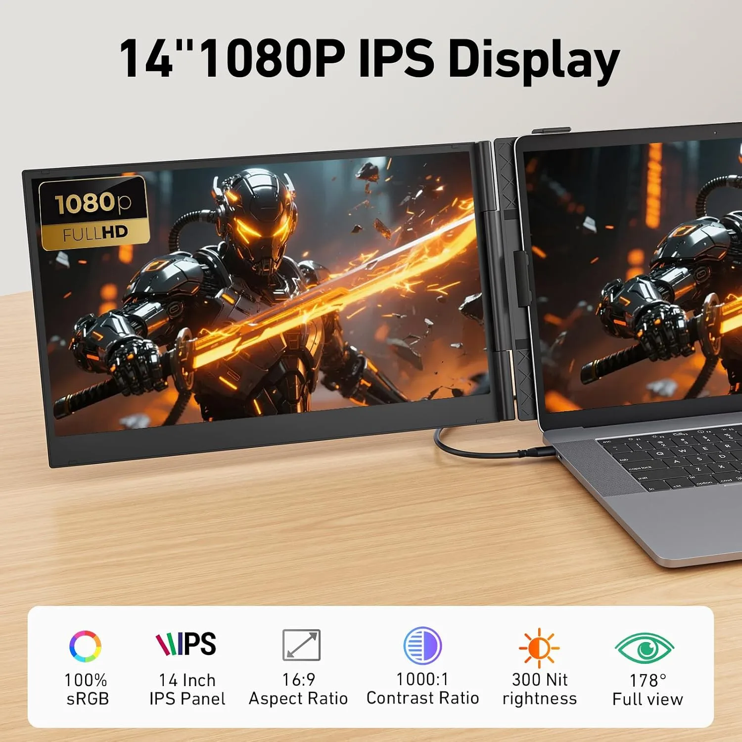 14.1'' Triple Laptop Screen Extender, 2.2lbs Ultra-Light Portable Monitor