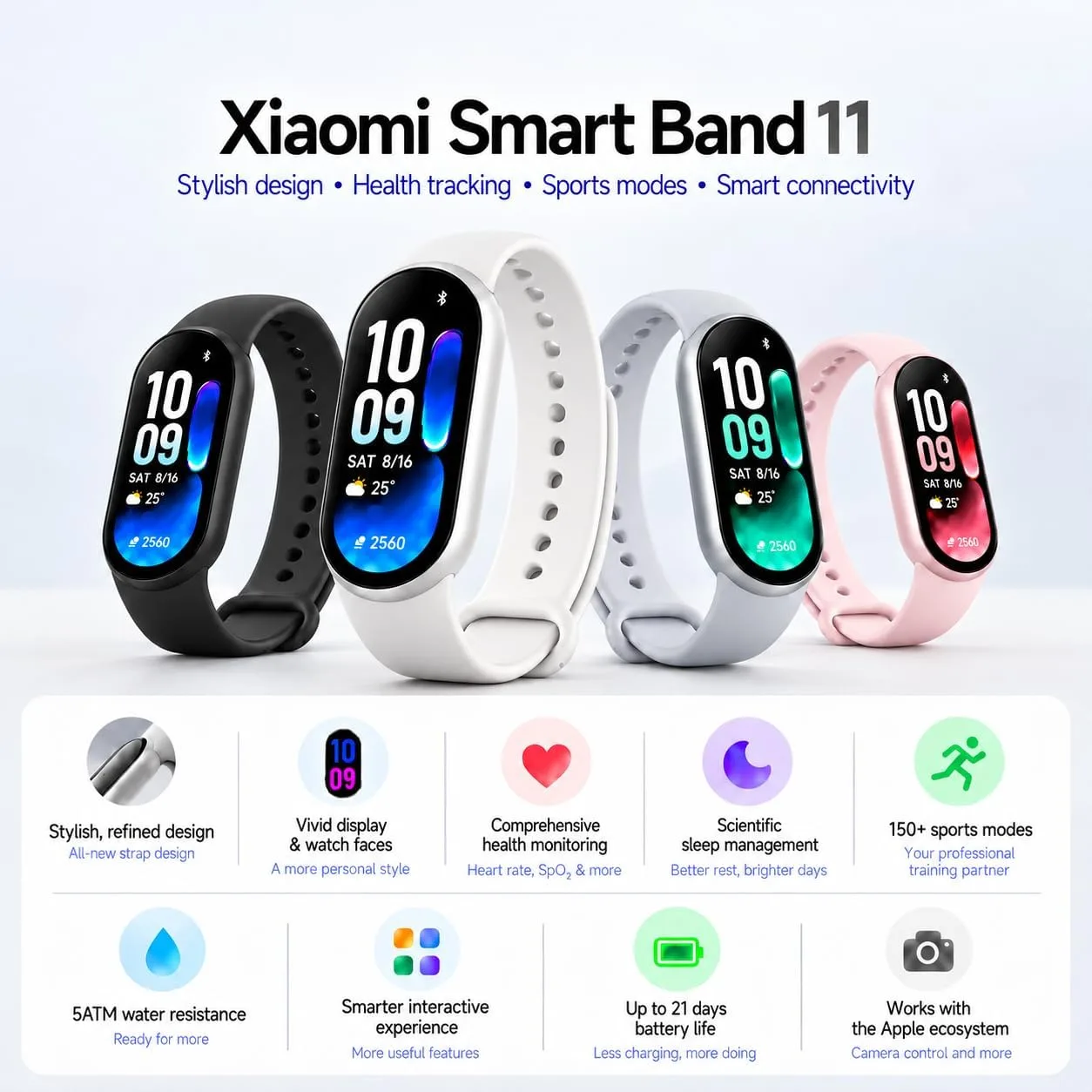 Xiaomi Smart Band 11 (2026) Fitness Tracker Black, 1.72" AMOLED Screen, 5ATM Waterproof, Heart Rate & SpO2Monitor, Sleep HRV, 150+ Sports Modes, 21-Day Battery, Android & iOS Compatible (Silver)