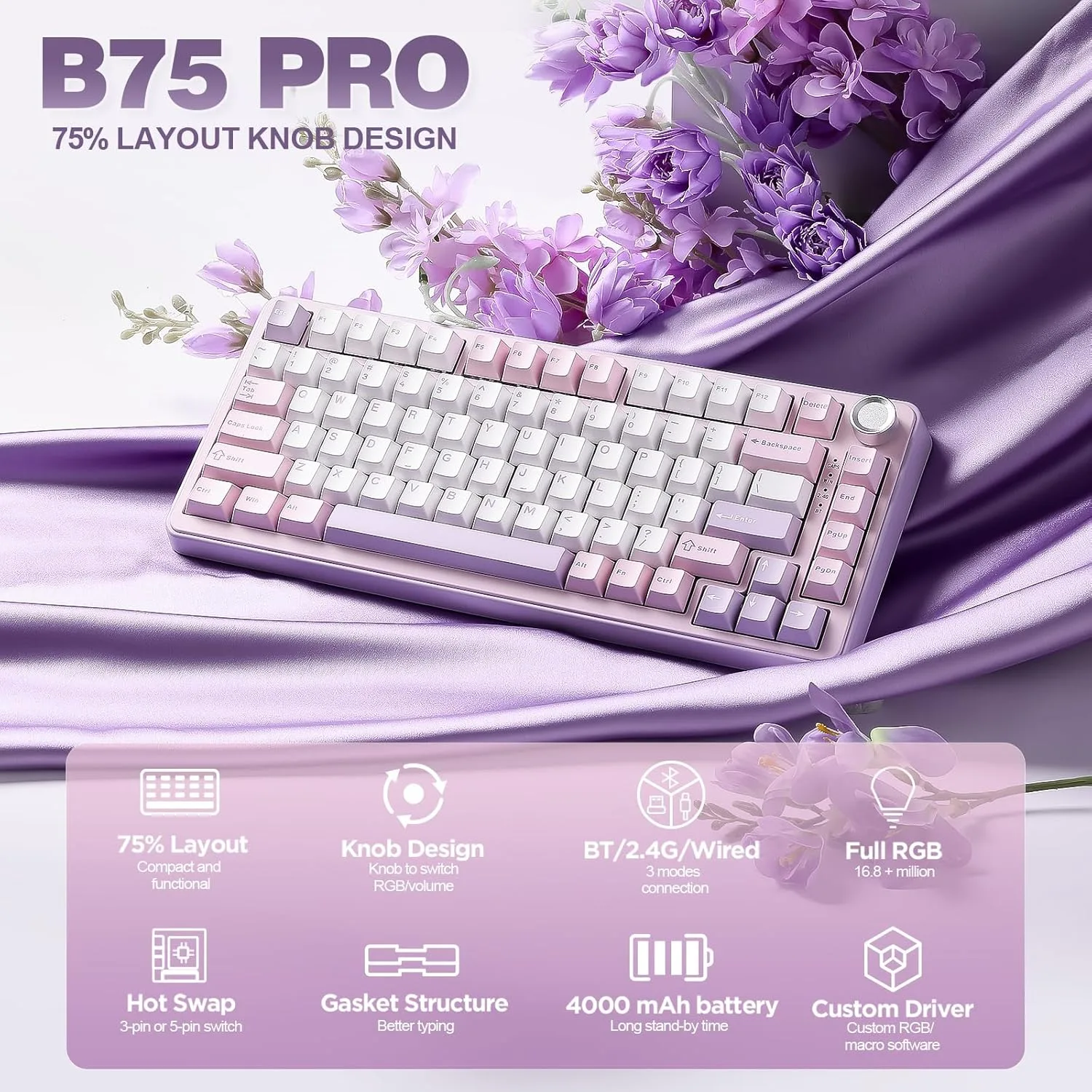 YUNZII B75 PRO 75% Wireless Mechanical Keyboard (Purple, Cocoa Cream V2)