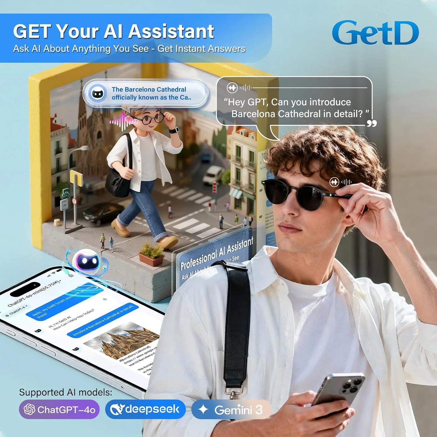 GetD 2026 AI Smart Acetate Glasses, Bluetooth Sunglasses with ChatGPT and 145-Language Real-time Translator, Nylon Polarized Lens, Open-Ear Audio, Voice Control for Travel & Business