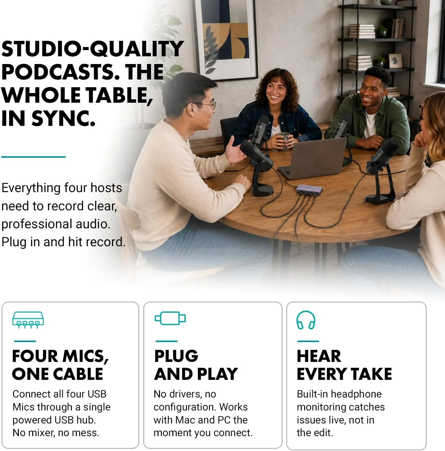 Movo 4-Person USB Podcast Equipment Bundle – 4 Condenser Mics, Hub & Case