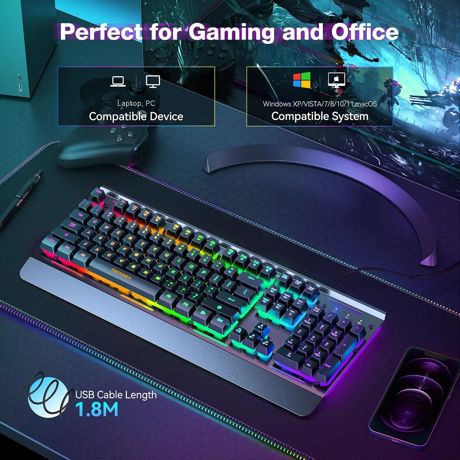 TECKNET Wired Gaming Keyboard, RGB Backlit Keyboard with Metal Panel Design