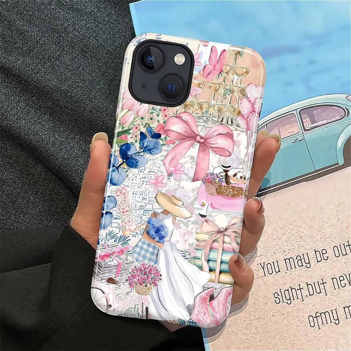DAIZAG Case for iPhone 14 Plus,Mixed 2 Layer Design Shockproof Soft TPU Ddouble Protection Phone Case for iPhone 14 Plus-Magazine Books Flower Bow Collage