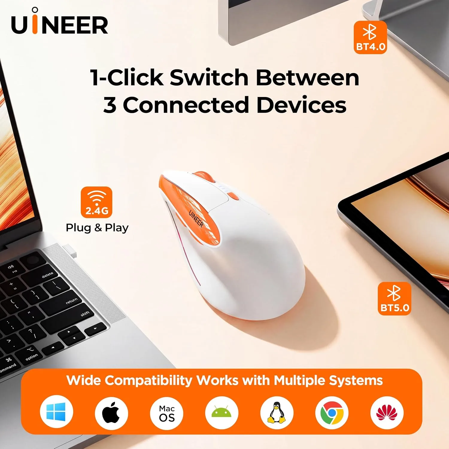 Uineer Vertical Ergonomic Mouse, Wireless Bluetooth Mouse, 3-Device