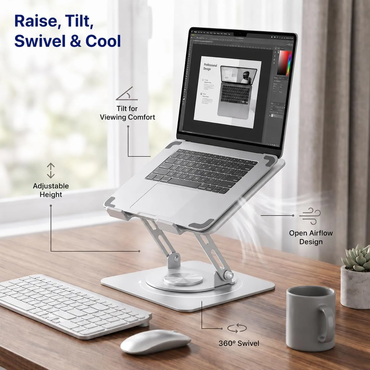 Uncaged Ergonomics Swivel Laptop Stand for Desk, 360 Riser, Arctic Silver