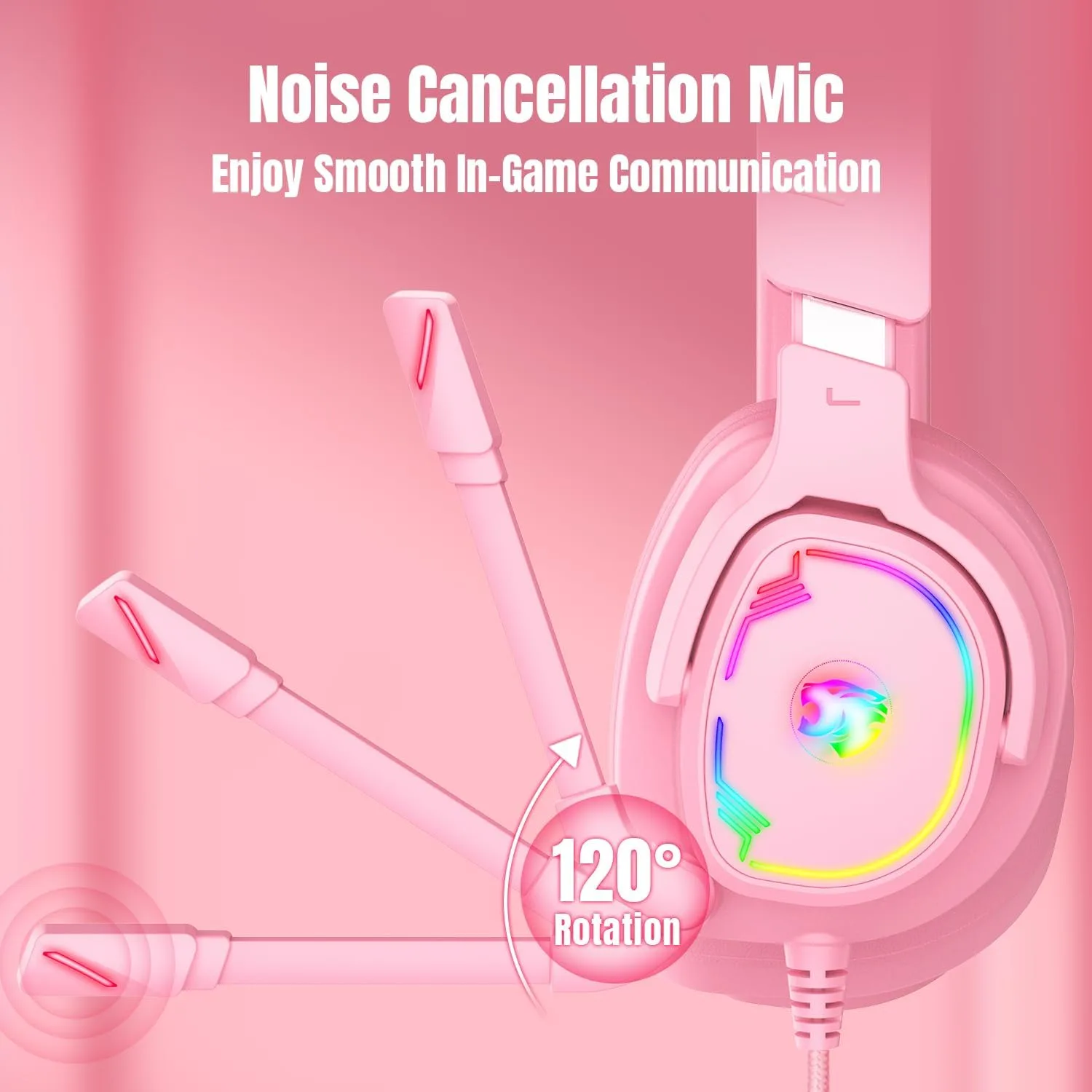 Jimonyer Gaming Headset with Microphone, 7.1 Surround Sound and Noise Canceling Over Ear Headphones for PC/PS4/PS5/Xbox Series/Switch, RGB Light and Soft Imitation Protein Earmuffs (PinkCat)