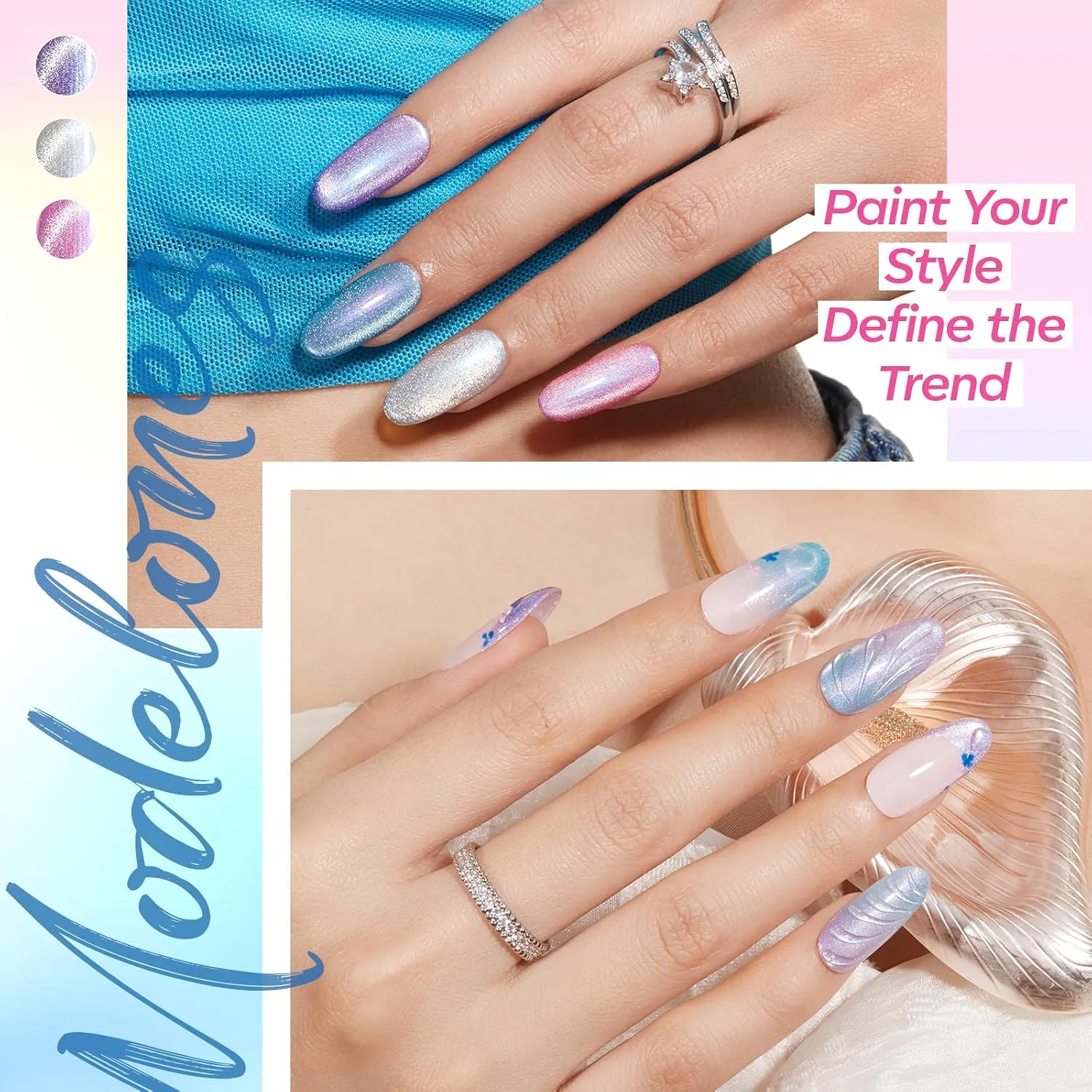 modelones Cat Eye Gel Nail Polish Set Glitter 6Colors Pink Blue Green