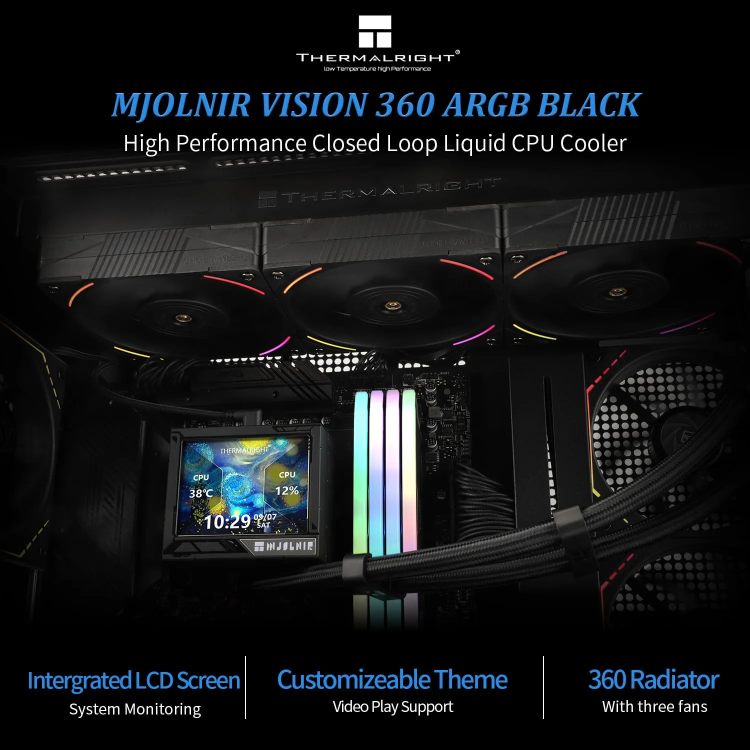 Thermalright Mjolnir Vision 360 ARGB Black-AIO CPU Liquid Cooler,IPS LCD Screen with 320 * 240 Resolution,for AM4/AM5 and LGA1700/1851,’3.5 inch’Magnet-Absorbent LCD Screen for Images
