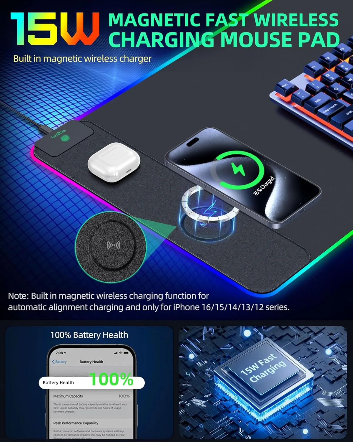 Mouse Pad with Wireless Charging, RGB Gaming Desk Mat, 31.5"x15.7"