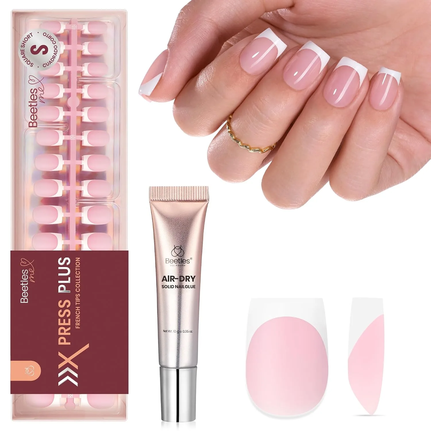 Beetles French Tip Press On Nails with Semi Solid Nail Glue, Short Square