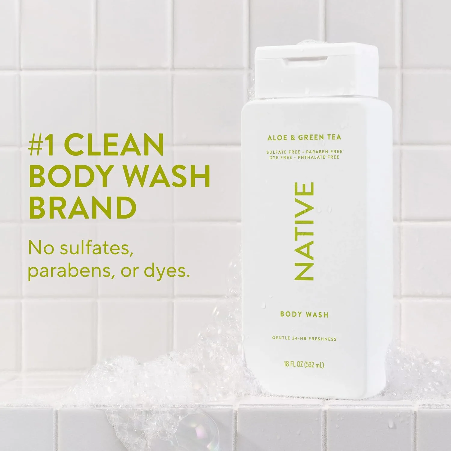 Native Clean Body Wash, Gentle & pH-balanced for Sensitive Skin, 24-Hr Freshness for Women & Men, Vegan & Cruelty-Free, Free of Sulfates, Parabens & Phthalates, Aloe & Green Tea, 18 Fl Oz (Pack of 6)