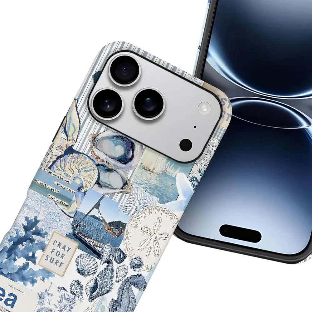 Case Compatible with iPhone 18 Pro/iPhone 17 Pro,Fall Prevention Hybrid 2-Layer Hard Shell Phone Cover for Girls Boys,Seashell Ocean Blue Retro Collage